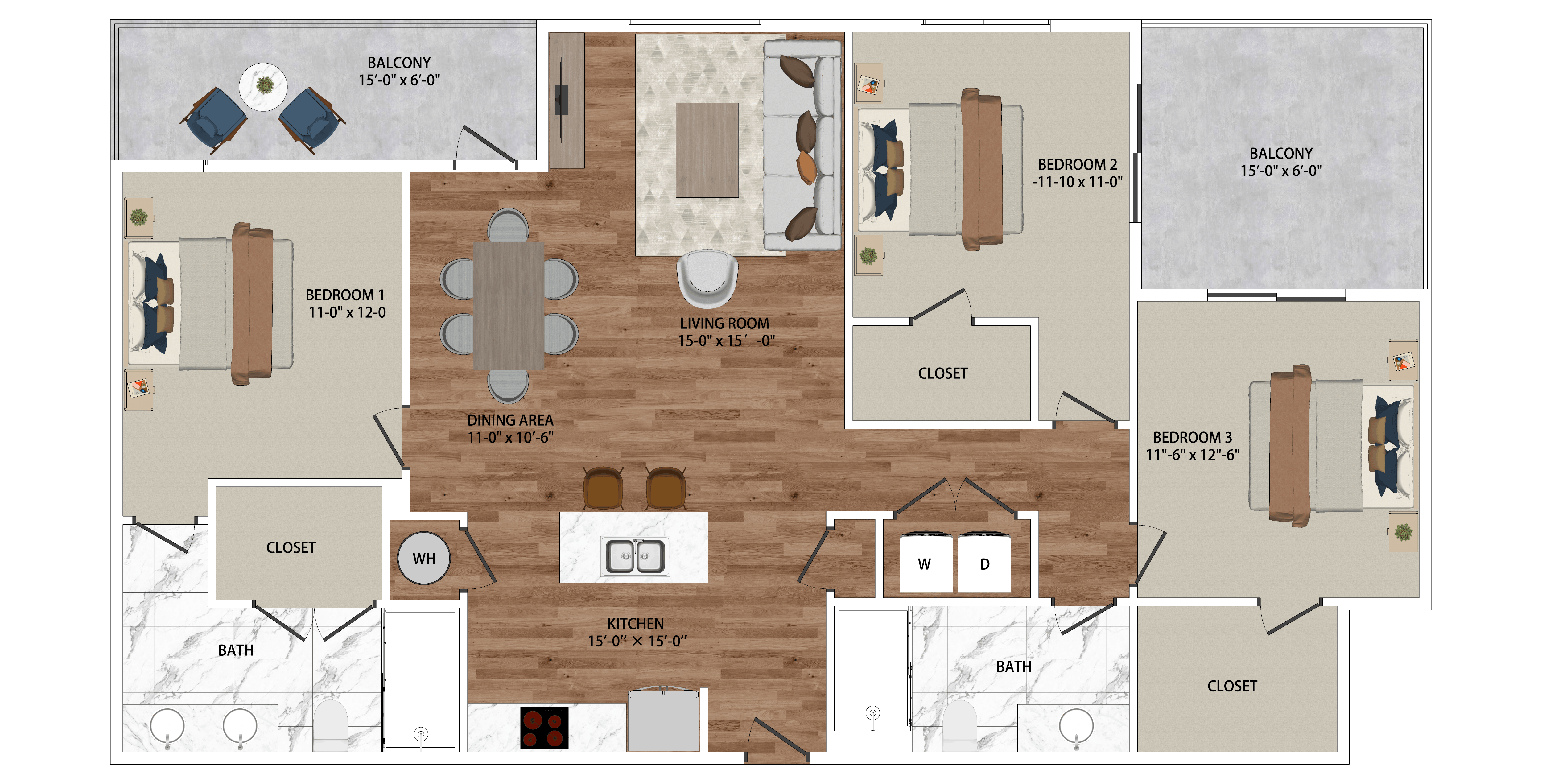 Floor plan for 3 beds, 2 baths, 1442 sqft
